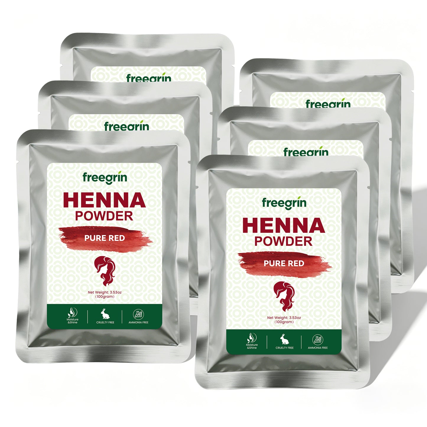 Freegrin pure red powder henna packets in silver packaging arranged in two rows