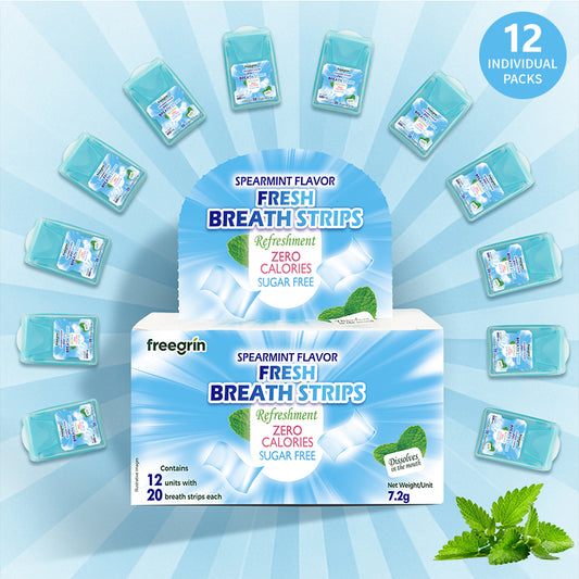 Freegrin Spearmint Fresh Breath Strips (12 x 20 Strips) — Ultra-Slim Card Case, Sugar-Free Botanical Oral Care