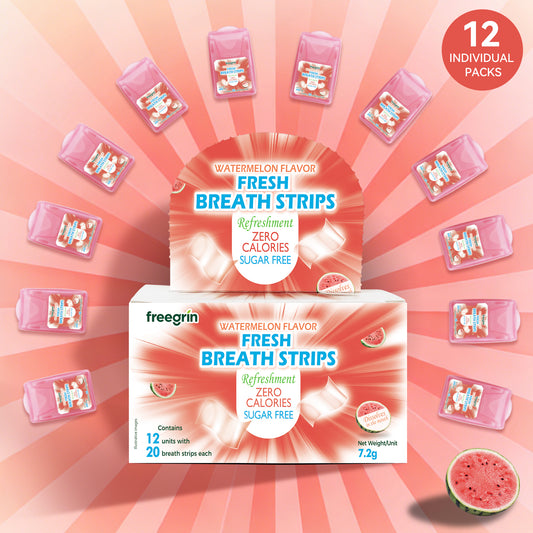 Freegrin Watermelon Fresh Breath Strips (12 x 20 Strips) — Ultra-Slim Card Case, Sugar-Free Botanical Oral Care