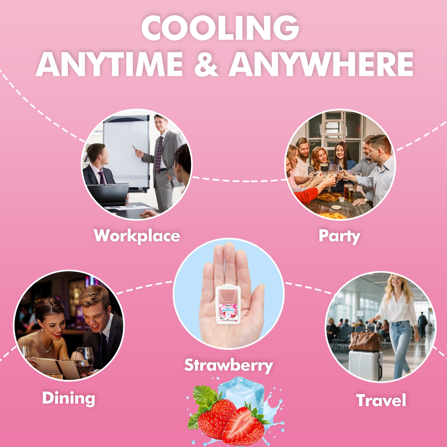 Hand holding strawberry flavor breath strips with use cases at workplace party dining and travel
