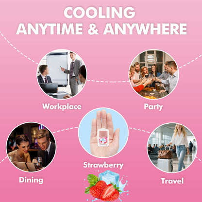 Hand holding strawberry flavor breath strips with use cases at workplace party dining and travel