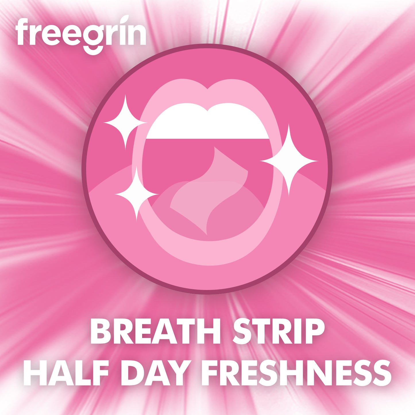 Freegrin breath strips for half day freshness with clean breath icon on pink background