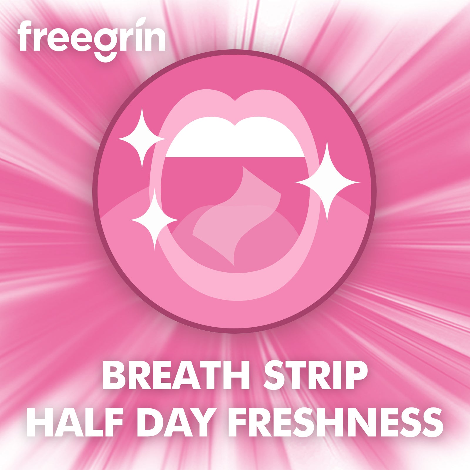 Freegrin breath strips for half day freshness with clean breath icon on pink background
