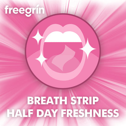 Freegrin breath strips for half day freshness with clean breath icon on pink background