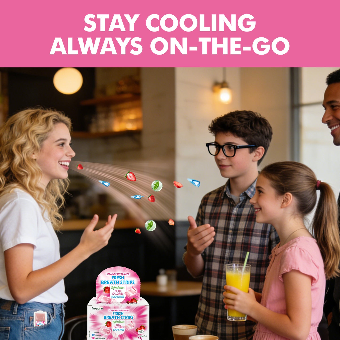 People enjoying fresh breath strips on-the-go with cooling strawberry flavor breath strips pack