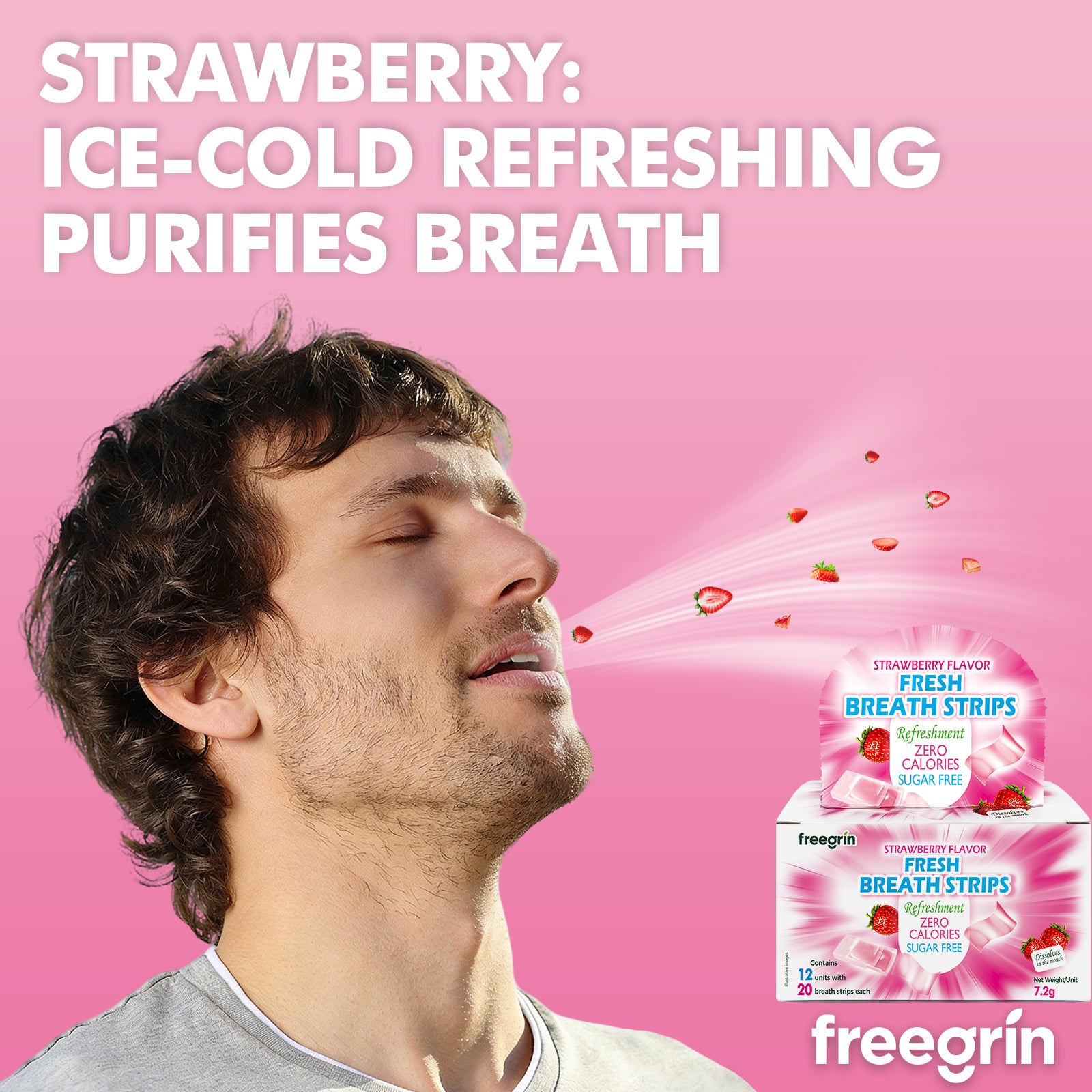 Man enjoying strawberry flavor breath strips with ice-cold refreshing breath purifier on pink background