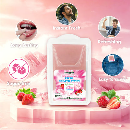 Freegrin strawberry flavor breath strips packet with fresh strawberries and benefits like long lasting and sugar free