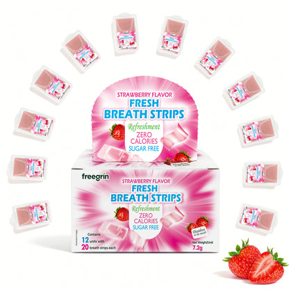 Strawberry flavor fresh breath strips by Freegrin with zero calories and sugar free in pink packaging