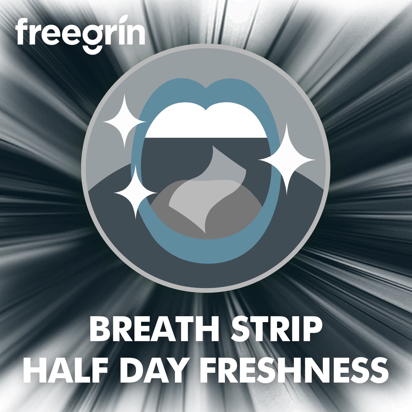 Graphic illustrating the long-lasting effects of a Freegrin peppermint breath strip, providing half day freshness and a clean mouth