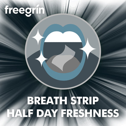 Graphic illustrating the long-lasting effects of a Freegrin peppermint breath strip, providing half day freshness and a clean mouth