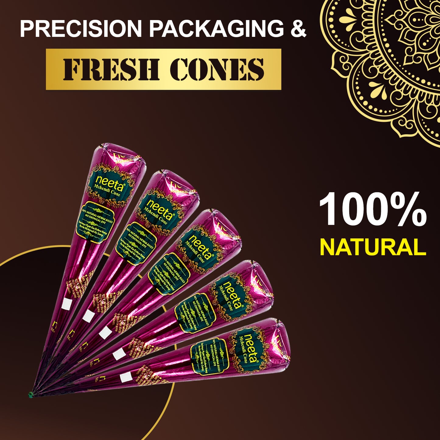 100% natural Freegrin Mehndi cones featuring precision packaging to ensure fresh, ready-to-use henna paste for perfect stain results