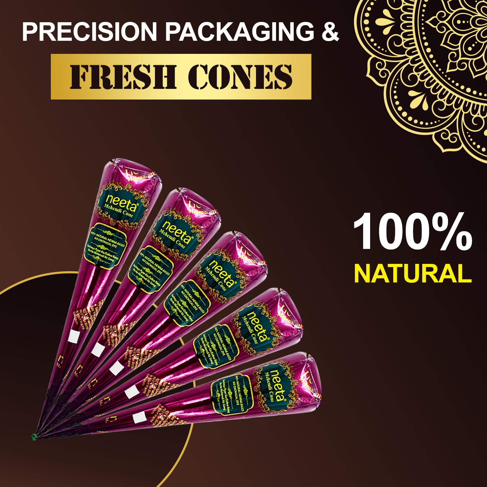 100% natural Freegrin Mehndi cones featuring precision packaging to ensure fresh, ready-to-use henna paste for perfect stain results
