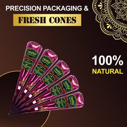100% natural Freegrin Mehndi cones featuring precision packaging to ensure fresh, ready-to-use henna paste for perfect stain results