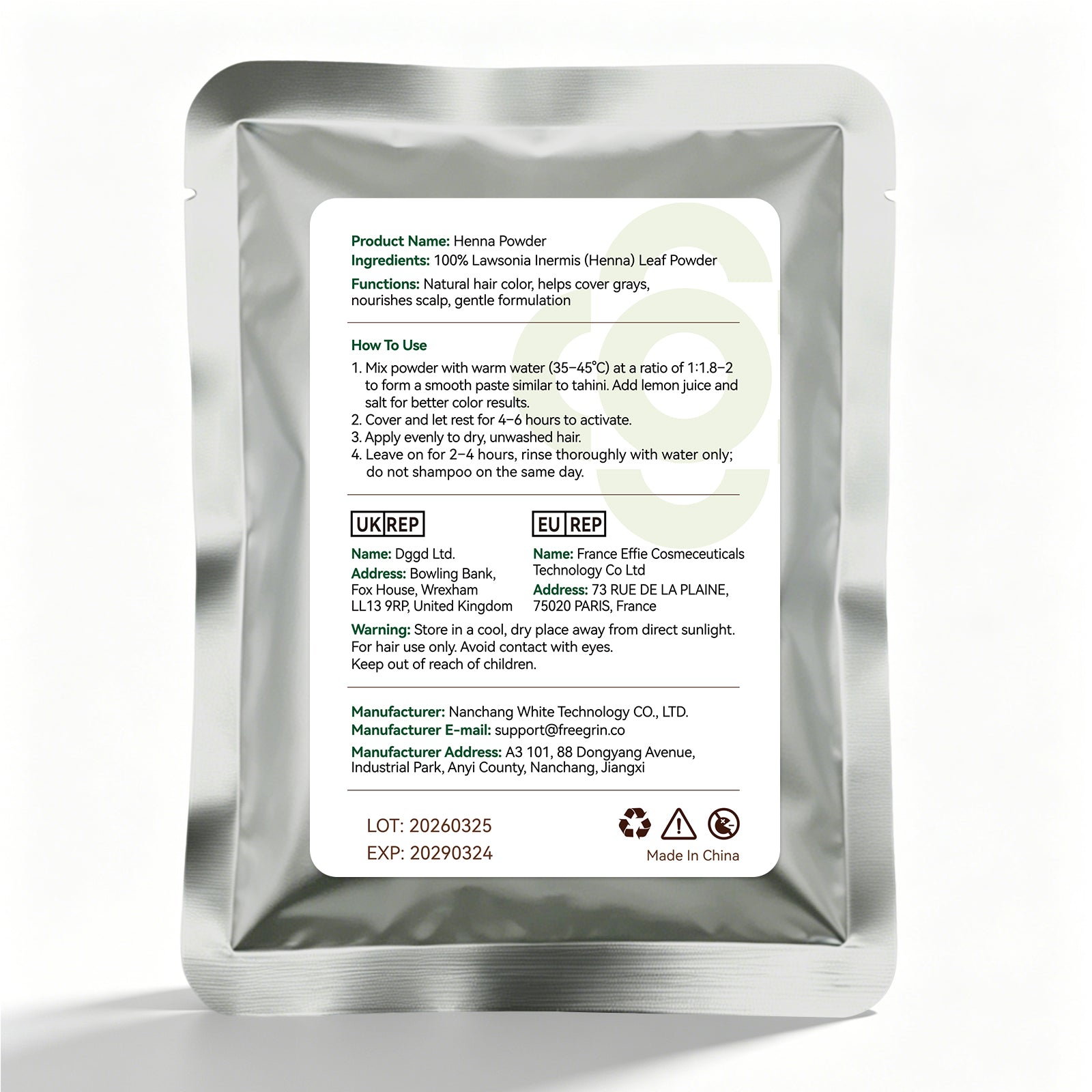 Back label of Freegrin Henna Powder pouch showing 100% natural ingredients, gray coverage benefits, and step-by-step usage instructions