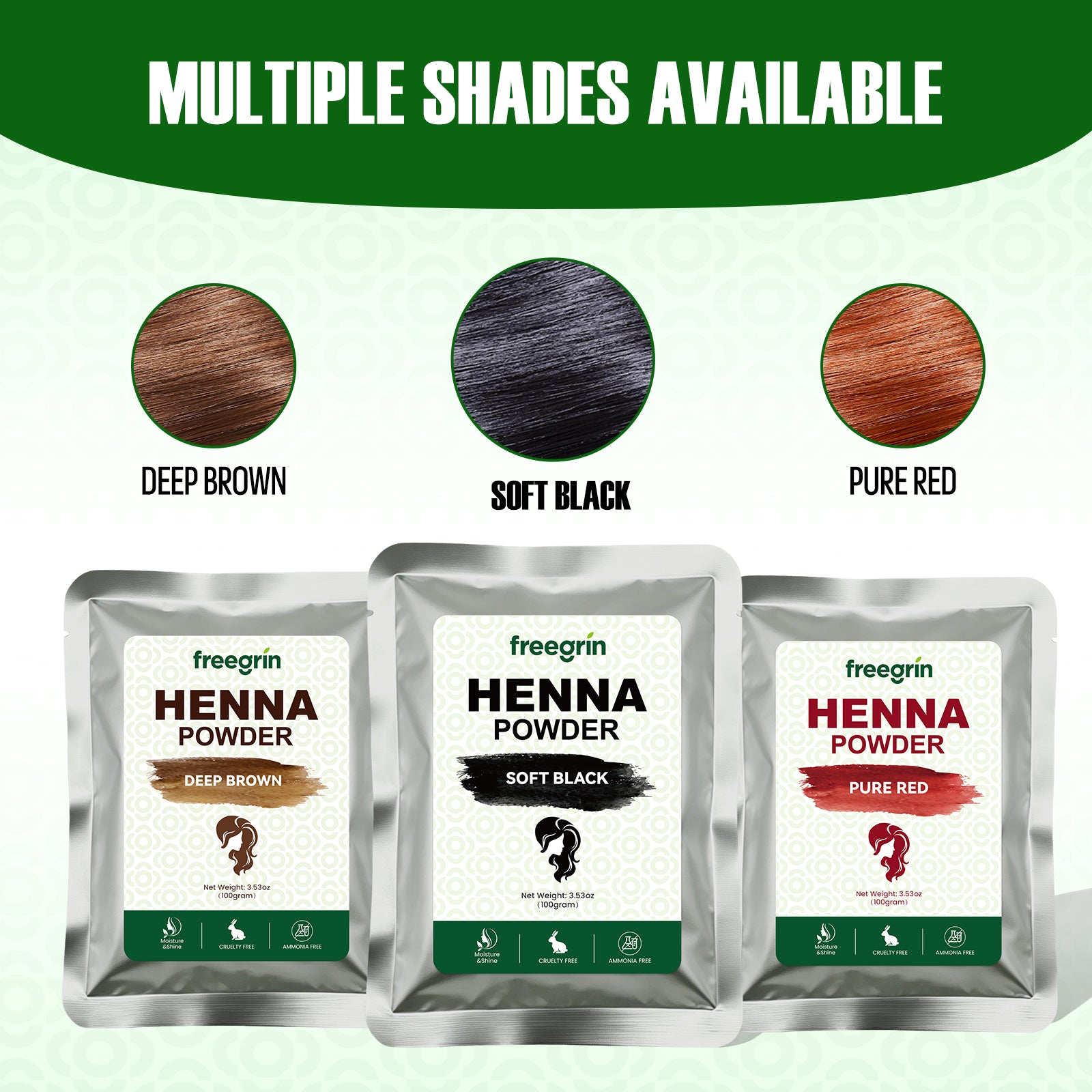 Multiple shades available for Freegrin natural Henna Powder. Color options include Deep Brown, Soft Black, and Pure Red hair dye pouches