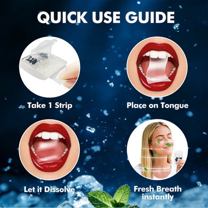 Graphic illustrating the long-lasting effects of a Freegrin Peppermint breath strip, providing half day freshness and a clean mouth