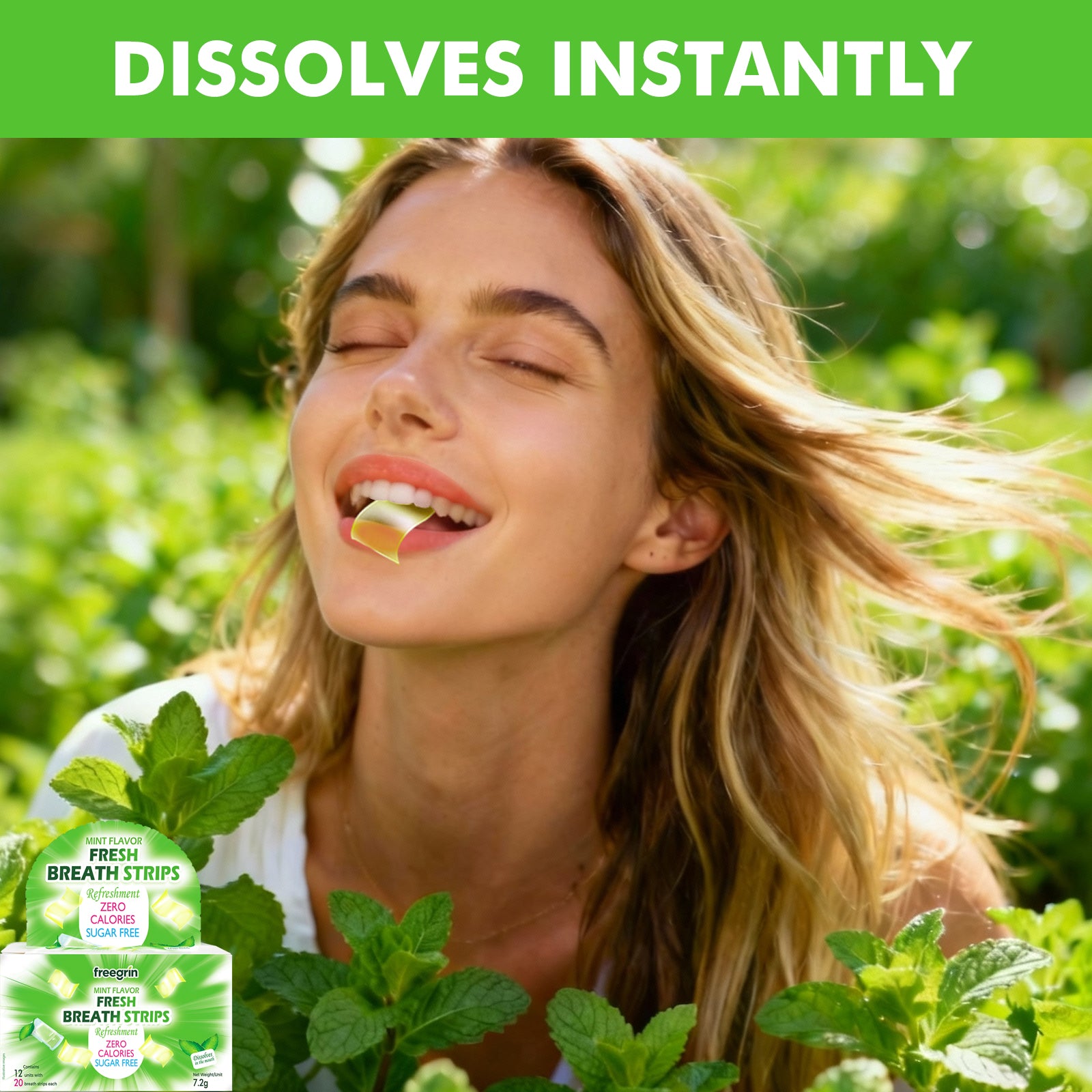 Woman enjoying fresh breath outdoors with listerine pocketpaks breath strips dissolving instantly