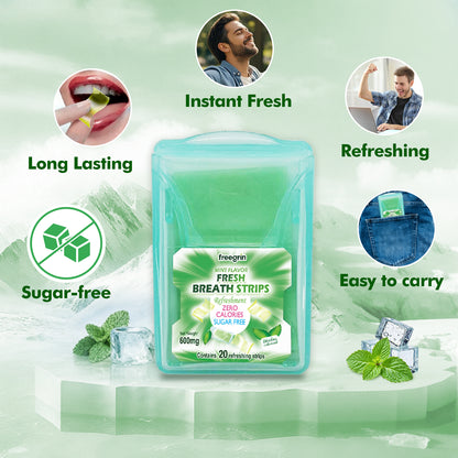 Freegrin fresh breath strips pack highlighting long lasting, instant fresh, refreshing, sugar-free, and easy to carry features with listerine pocketpaks breath strips keyword