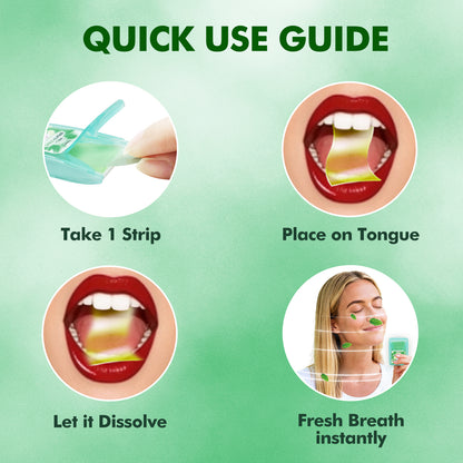 Quick use guide for listerine pocketpaks breath strips showing how to take one strip, place on tongue, let it dissolve, and enjoy fresh breath