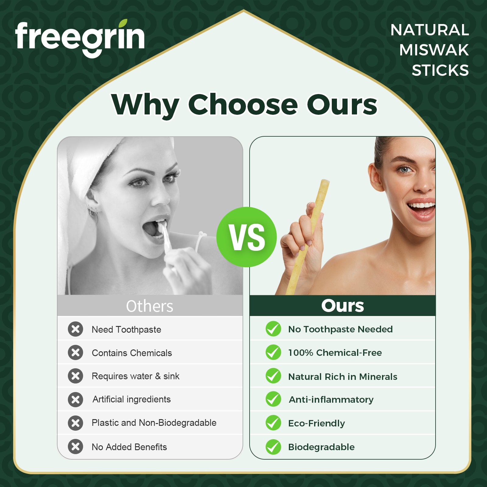 Freegrin Mint Miswak Sticks vs Traditional Toothbrush Comparison