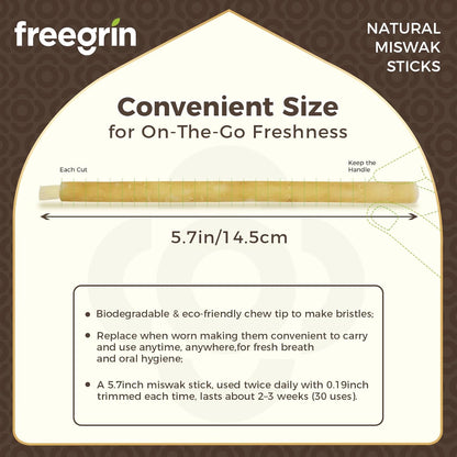 Natural miswak sticks measuring 5.7 inches with biodegradable chew tip for fresh breath and oral hygiene
