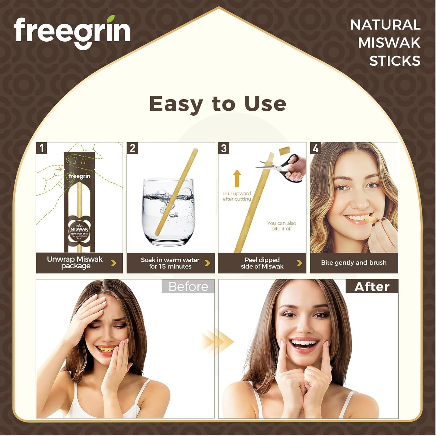 Freegrin natural miswak sticks with step-by-step usage guide and before after smiling woman