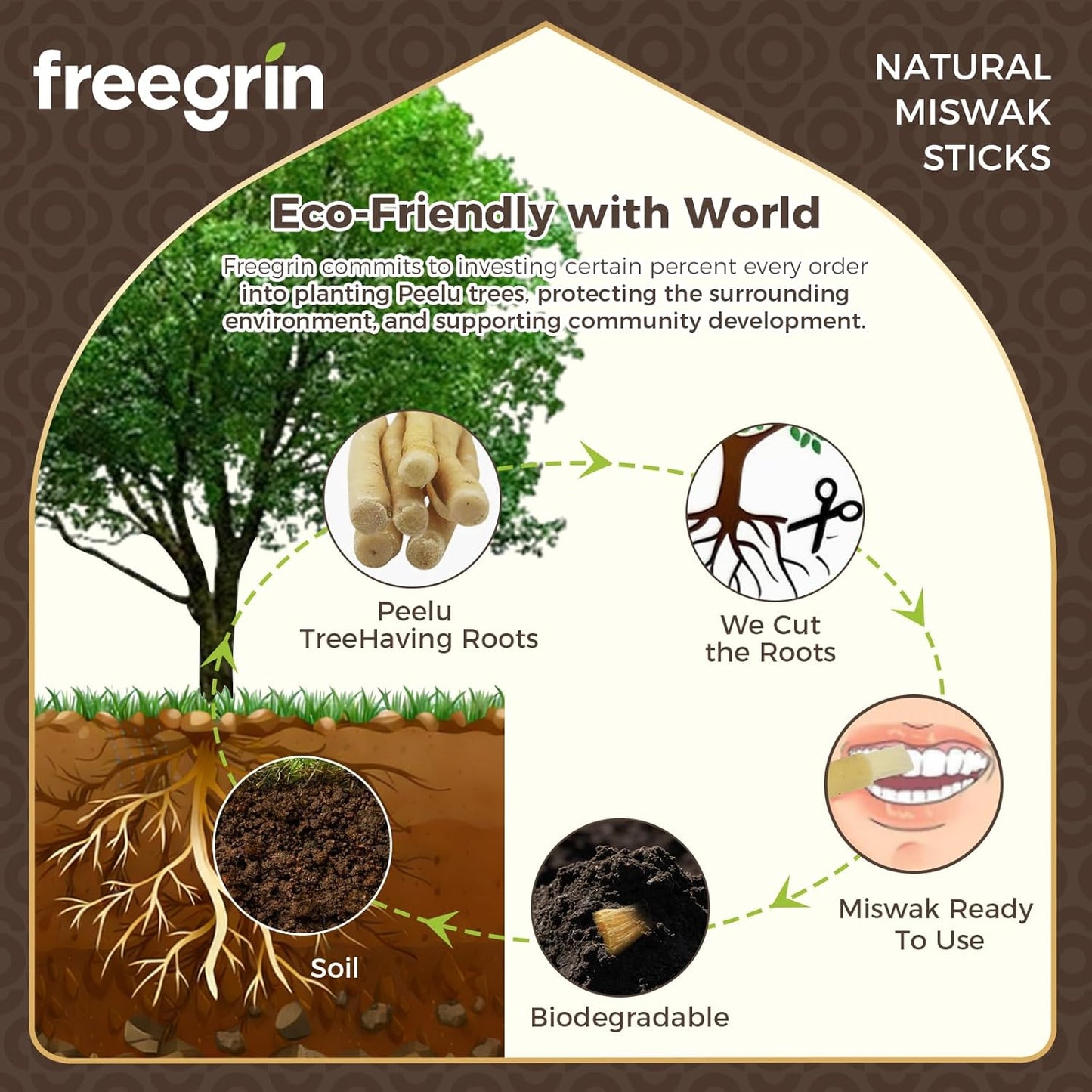 Natural miswak sticks with peelu tree roots showing eco-friendly biodegradable features