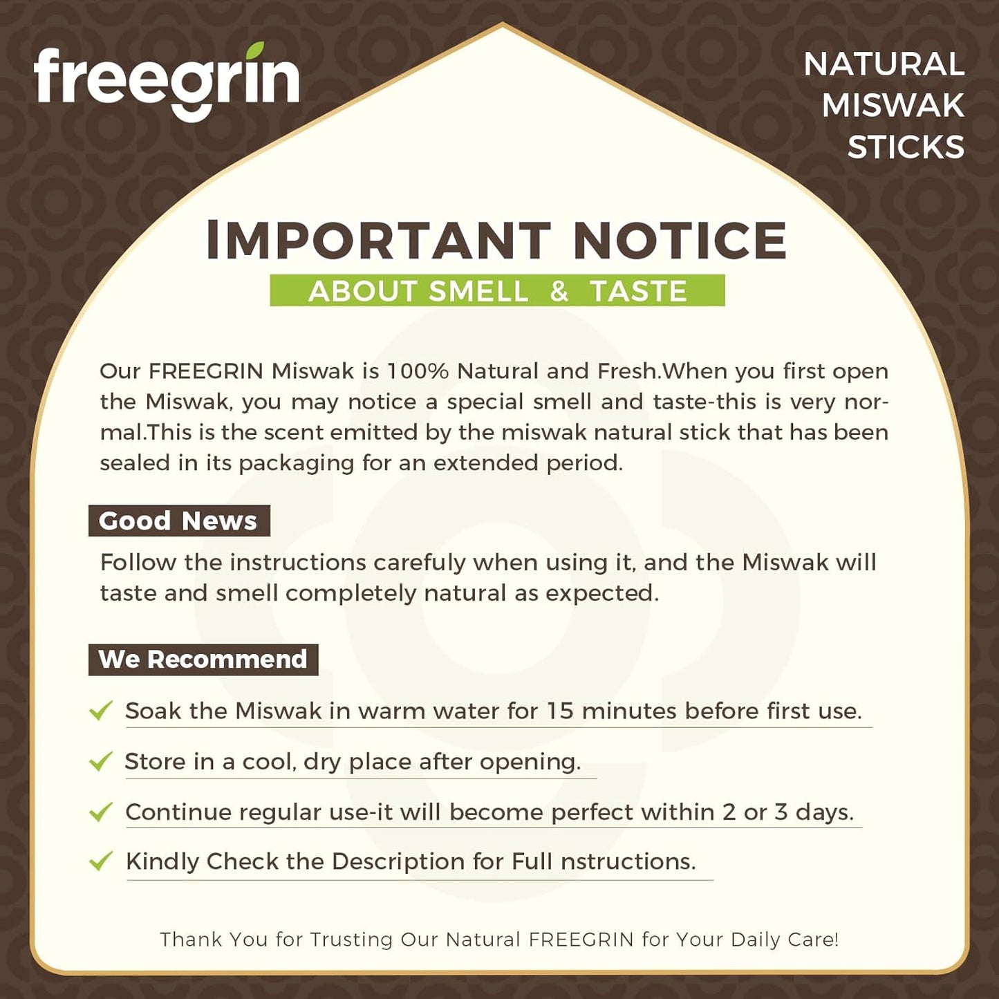 Important notice for natural miswak sticks about smell and taste with usage instructions