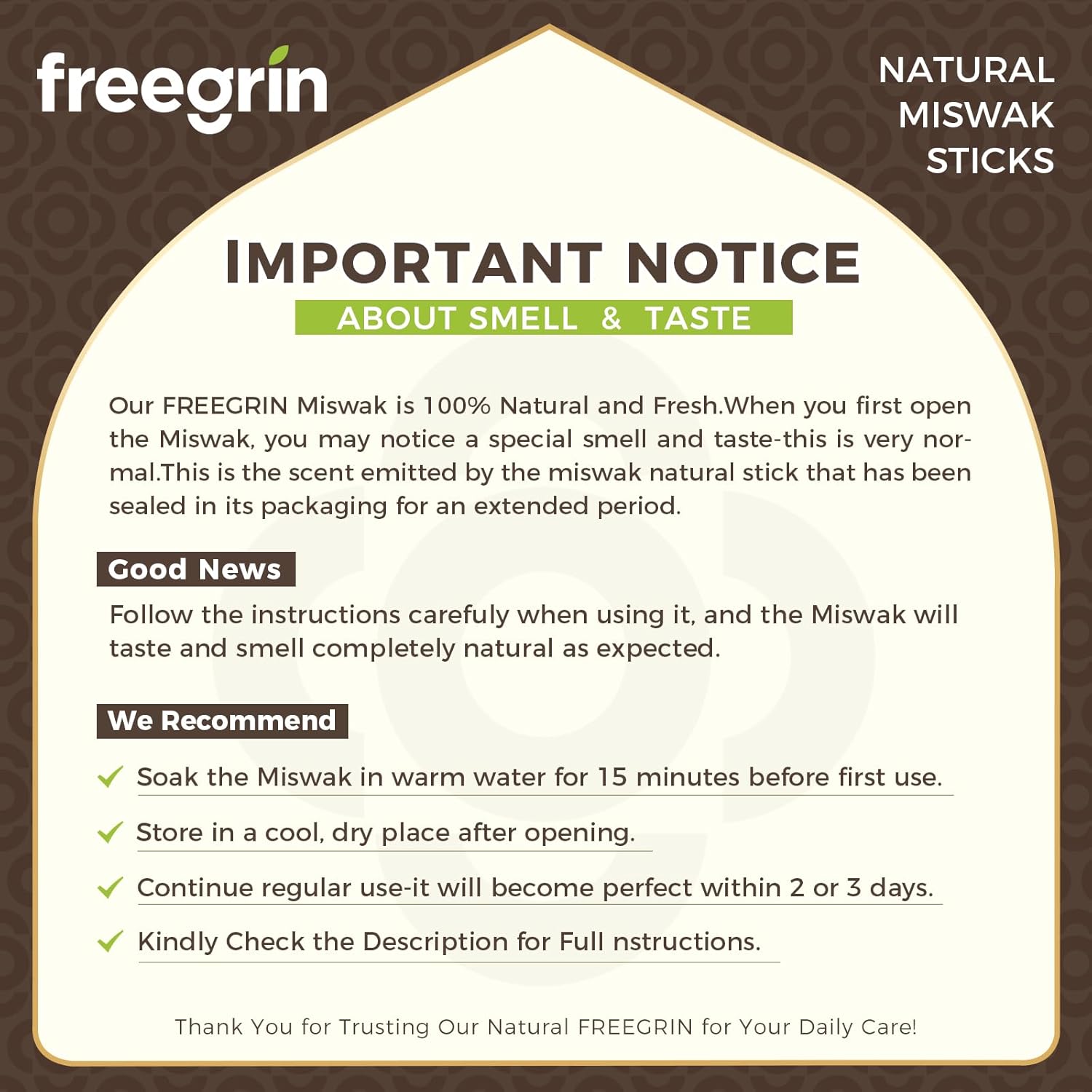 Important notice for natural miswak sticks about smell and taste with usage instructions