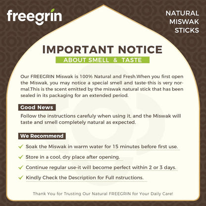 Important notice for natural miswak sticks about smell and taste with usage instructions