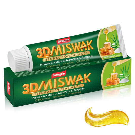 Freegrin 3D miswak toothpaste herbal formula with miswak xylitol aloe vera and propolis for brightening cleaning and refreshing