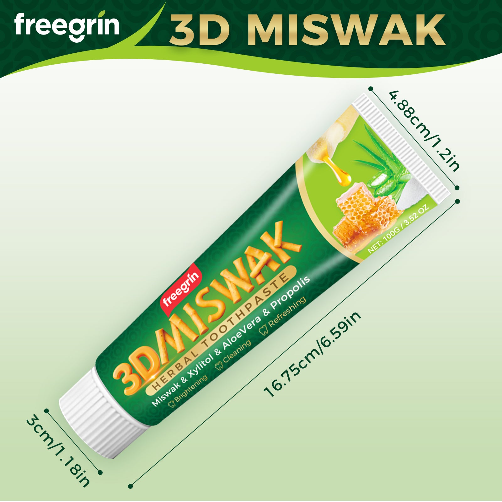Freegrin 3D miswak toothpaste tube with herbal ingredients including aloe vera and propolis for oral care