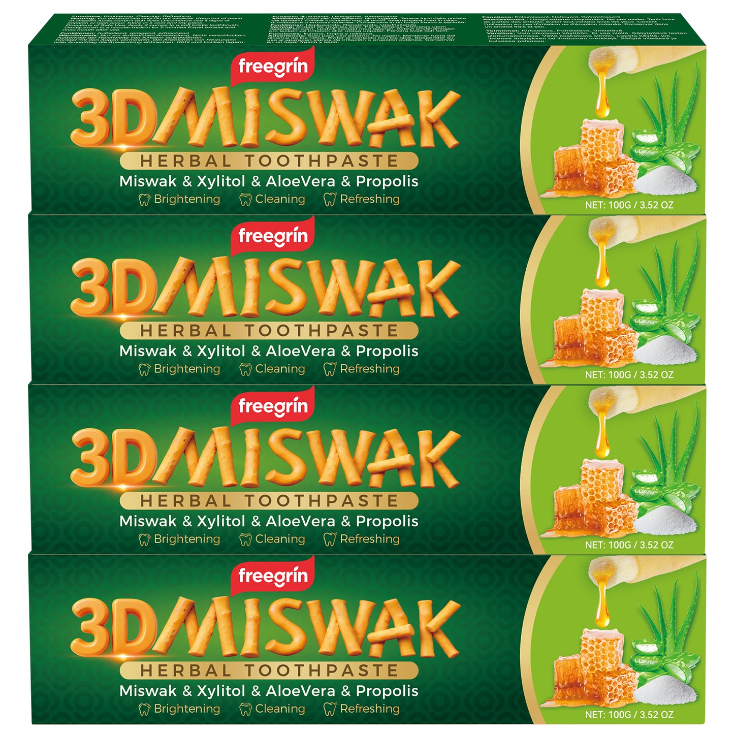 Pack of four Freegrin 3D Miswak toothpaste boxes with herbal ingredients miswak xylitol aloe vera and propolis