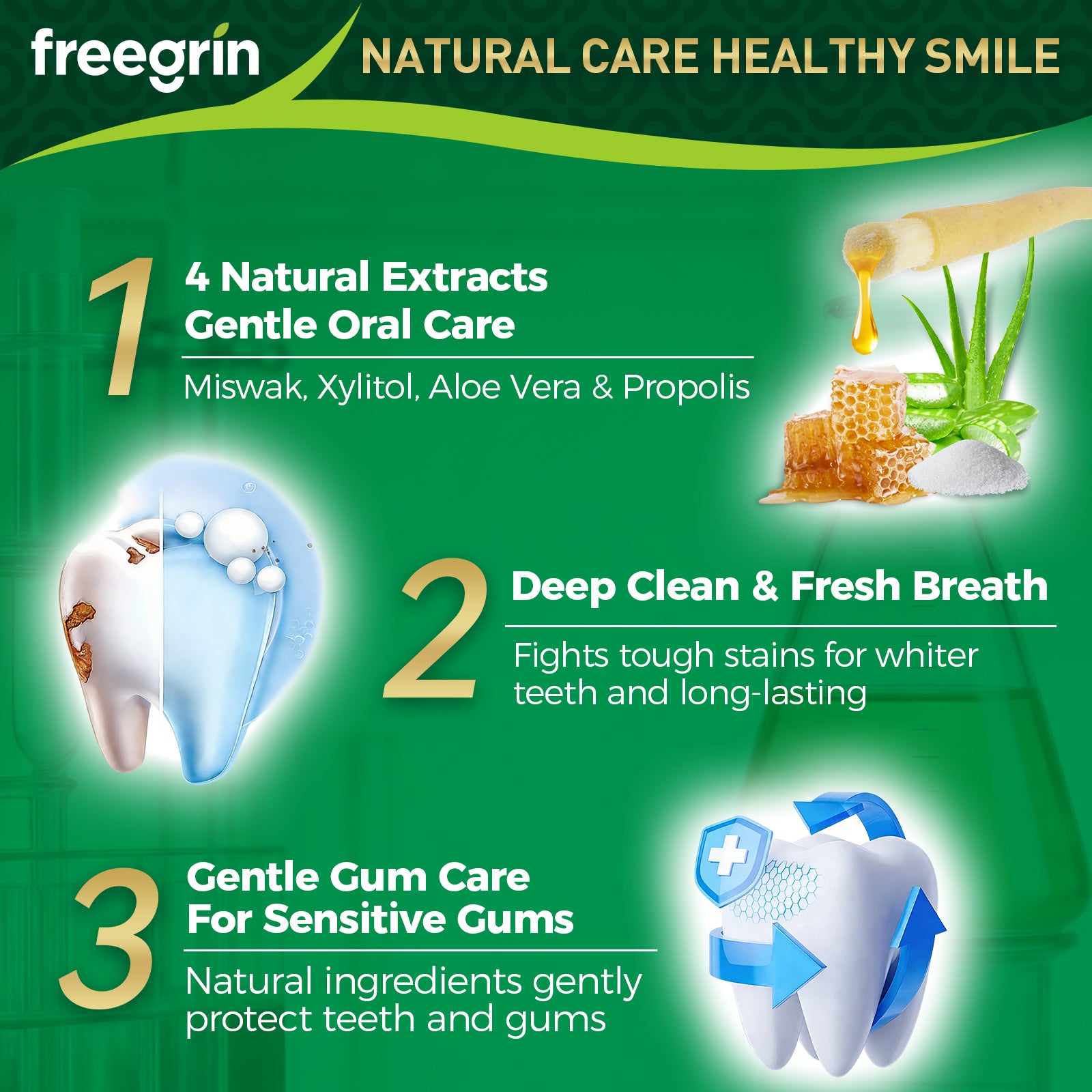 Freegrin natural miswak toothpaste with 4 natural extracts for gentle oral care and fresh breath