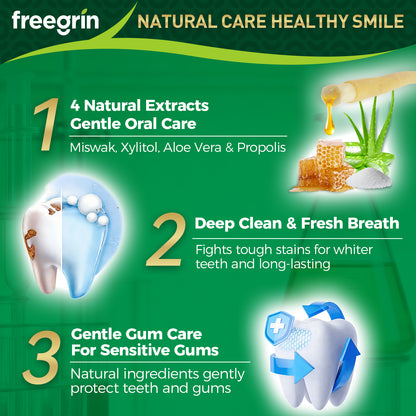Freegrin natural miswak toothpaste with 4 natural extracts for gentle oral care and fresh breath
