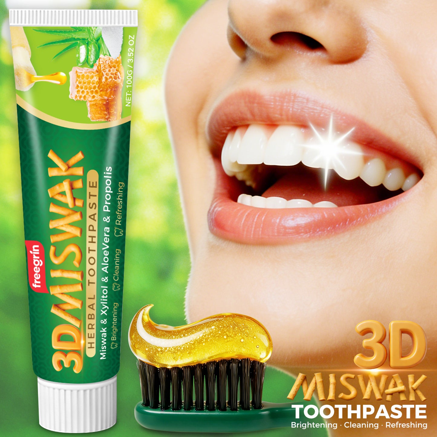 3D miswak toothpaste tube with honey and aloe vera next to smiling mouth showing clean white teeth