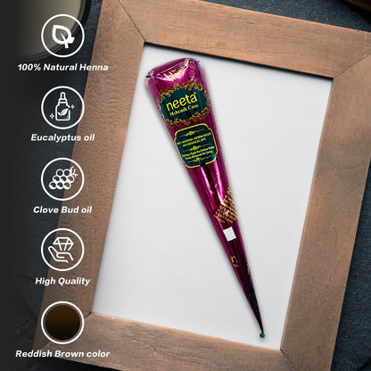 High-quality Freegrin natural Mehndi cone ingredients. Made with 100% natural henna, enriched with eucalyptus oil and clove bud oil for a rich reddish-brown color