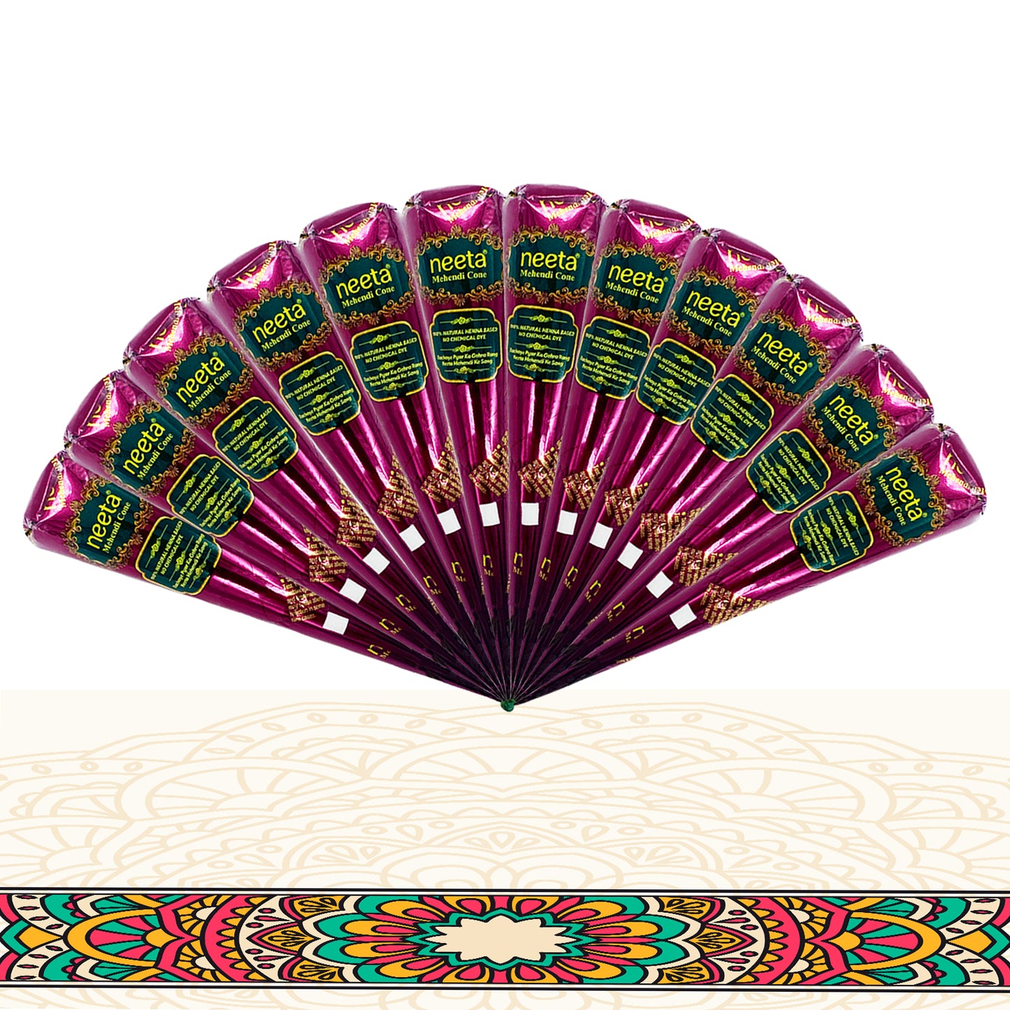 A beautiful fan arrangement of 12 Freegrin natural Mehndi cones. The perfect bulk set for professional henna artists, events, or parties