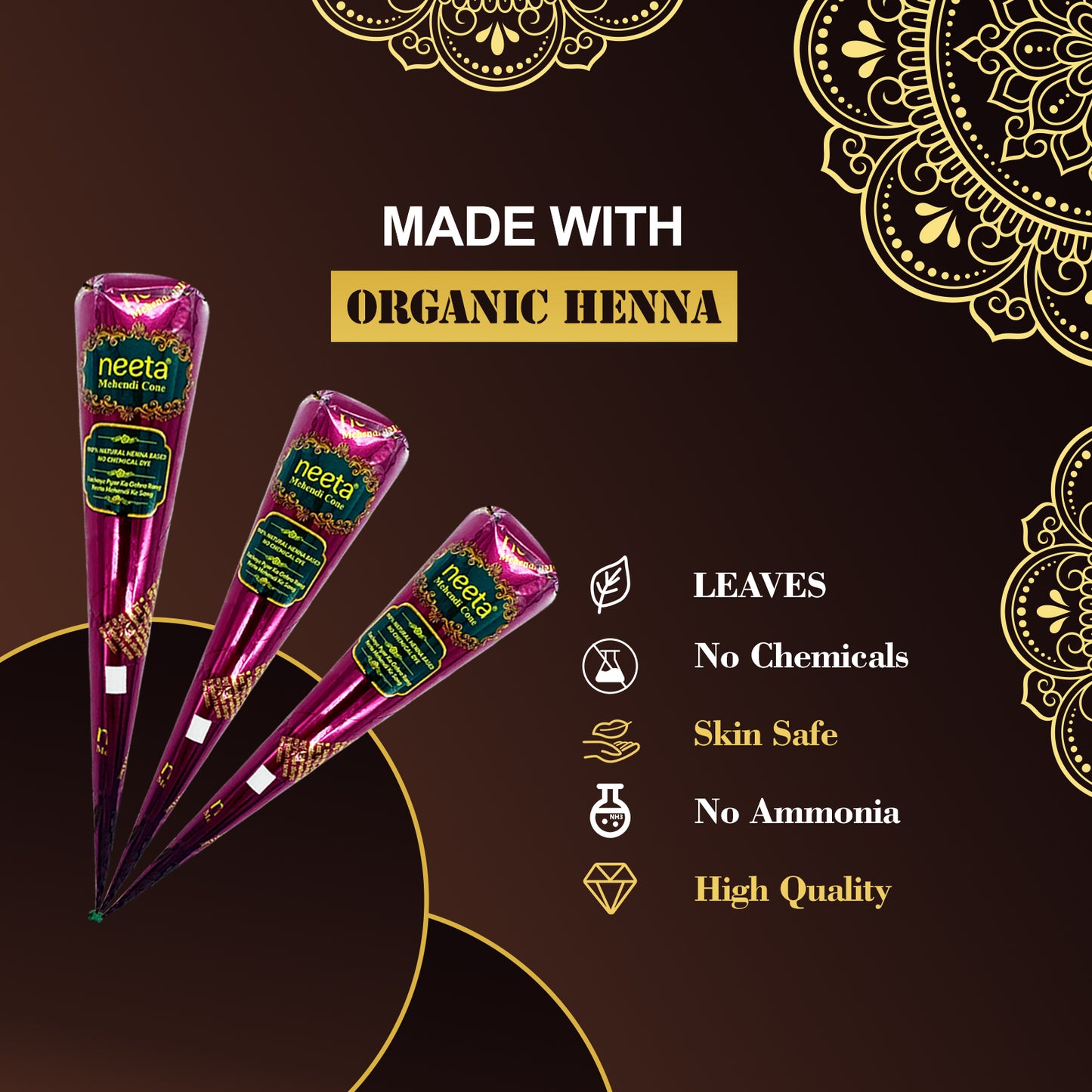 Freegrin Mehndi cones made with organic henna leaves. High-quality, skin safe formulation with no chemicals and no ammonia