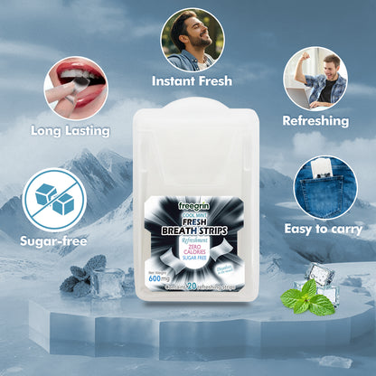 Key benefits of Freegrin Peppermint Fresh Breath Strips. Features include a 100% sugar-free formula, long-lasting instant freshness, and an easy-to-carry pocket-sized dispenser for on-the-go oral care
