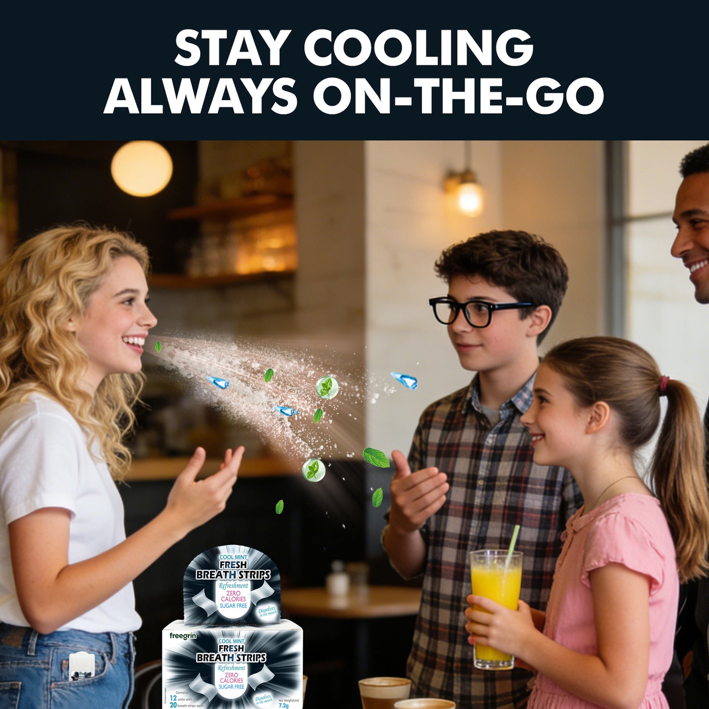 Woman enjoying the natural cooling freshness of Freegrin Peppermint breath strips while socializing with friends. A perfect pocket-sized solution to stay confident and fresh always on-the-go. Zero calories and sugar-free.