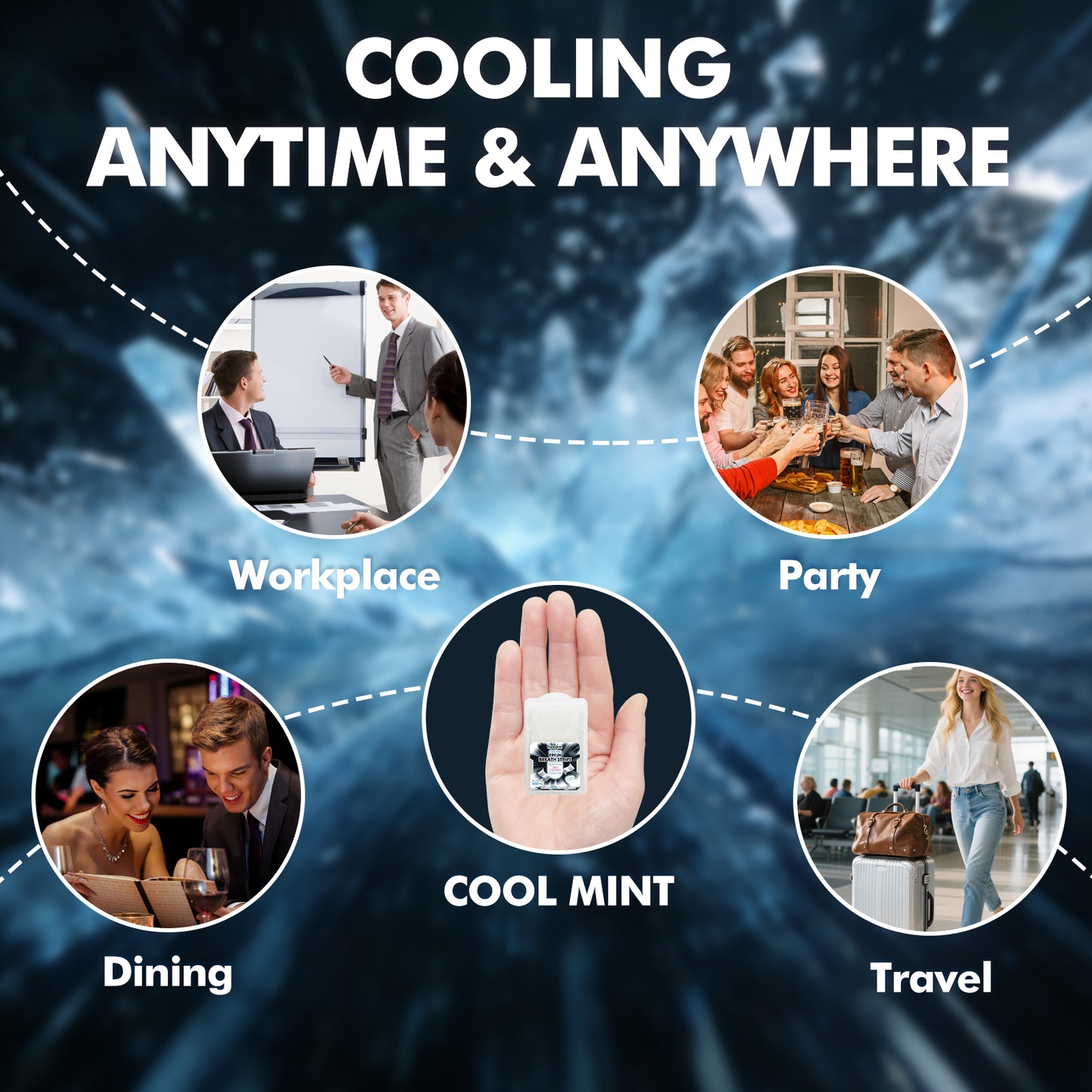 Freegrin Peppermint breath strips offer instant cooling freshness anytime and anywhere. A professional, pocket-sized oral care solution perfectly designed for the workplace, parties, dining, and travel