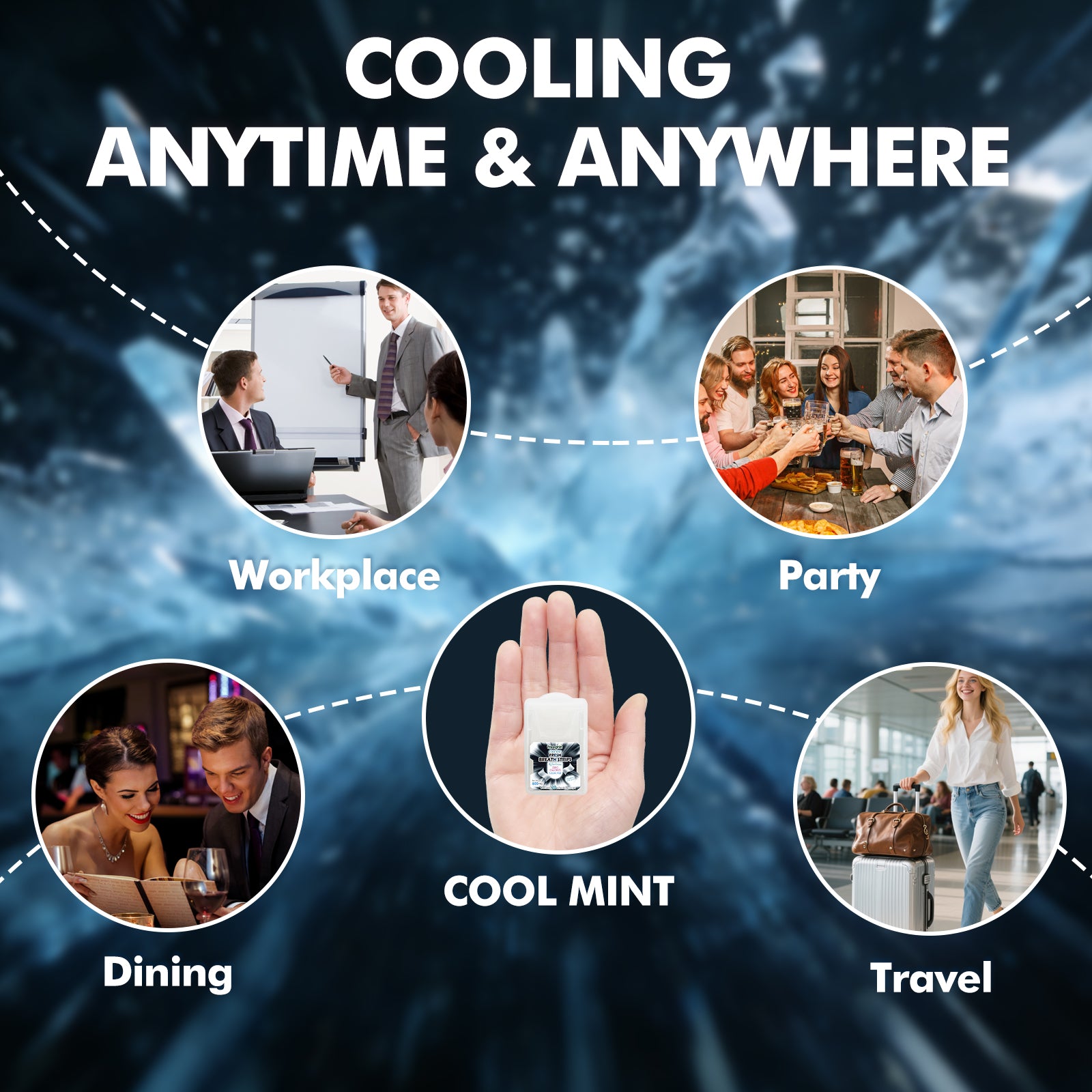Freegrin Peppermint breath strips offer instant cooling freshness anytime and anywhere. A professional, pocket-sized oral care solution perfectly designed for the workplace, parties, dining, and travel