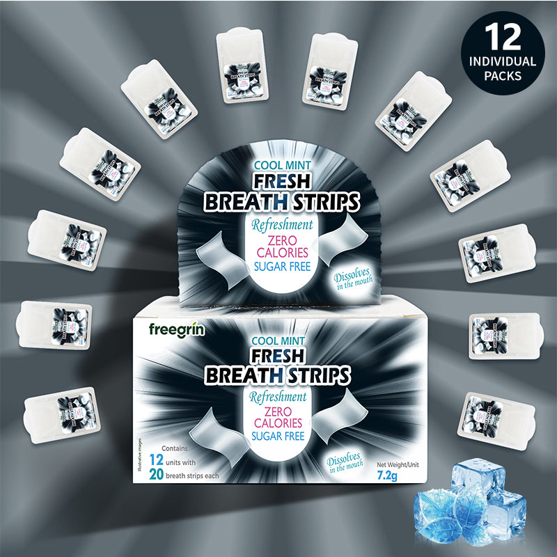 Freegrin peppermint Fresh Breath Strips 12-pack display box. Sugar-free, zero-calorie dissolving strips for natural and professional oral freshness
