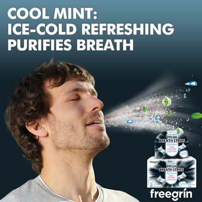 Man experiencing the natural, cooling, and refreshing sensation of Freegrin Peppermint Breath Strips. Designed to purify breath instantly for a professional and confident smile