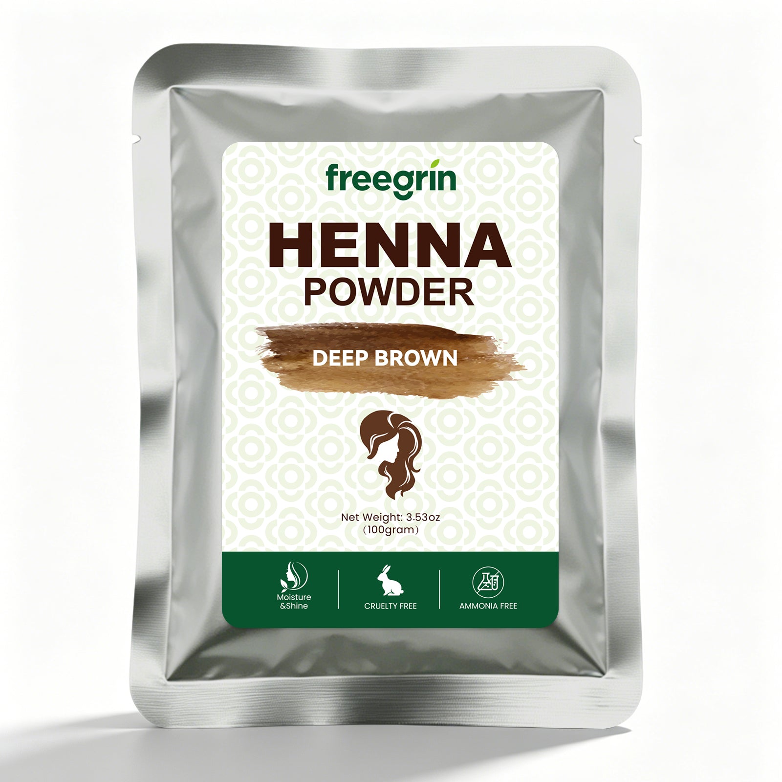 Freegrin brown powder henna in silver resealable pouch with cruelty free and ammonia free labels