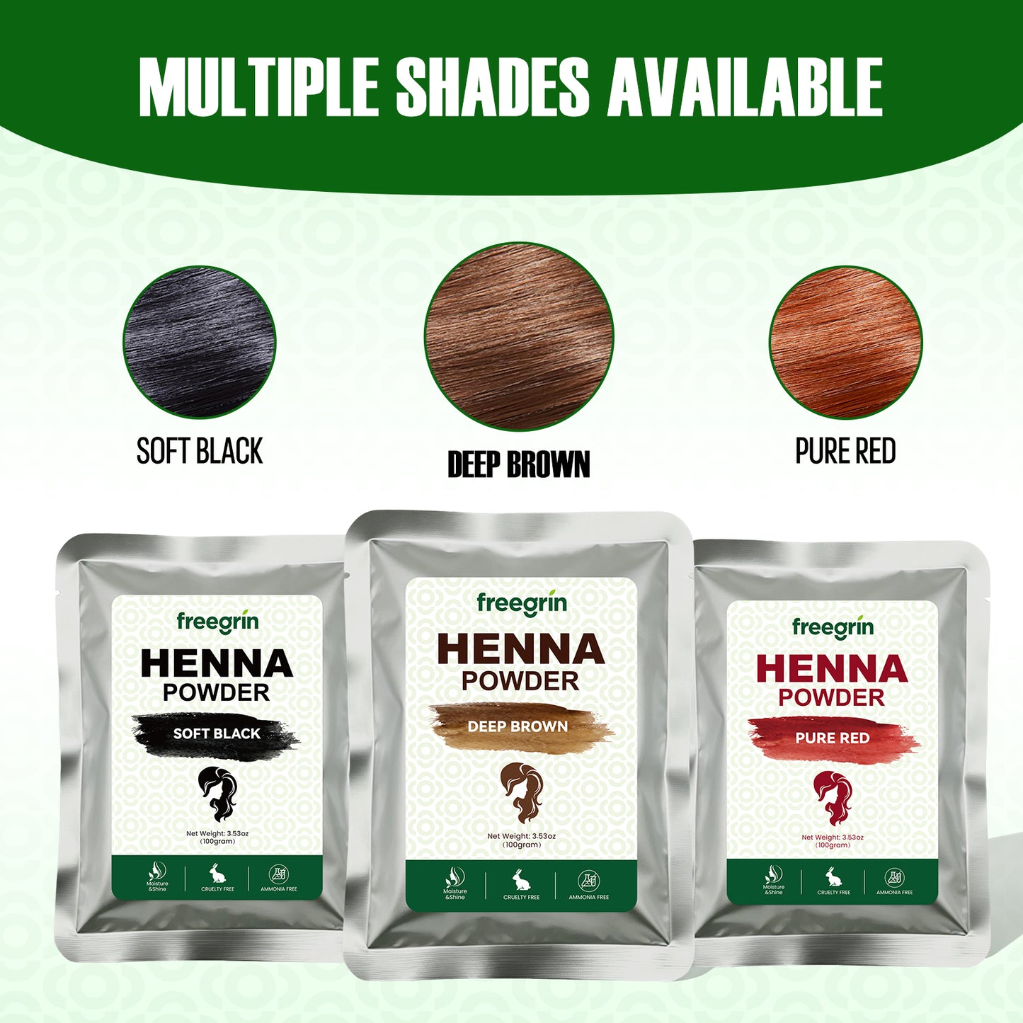 Freegrin powder henna in soft black deep brown and pure red shades with multiple color options