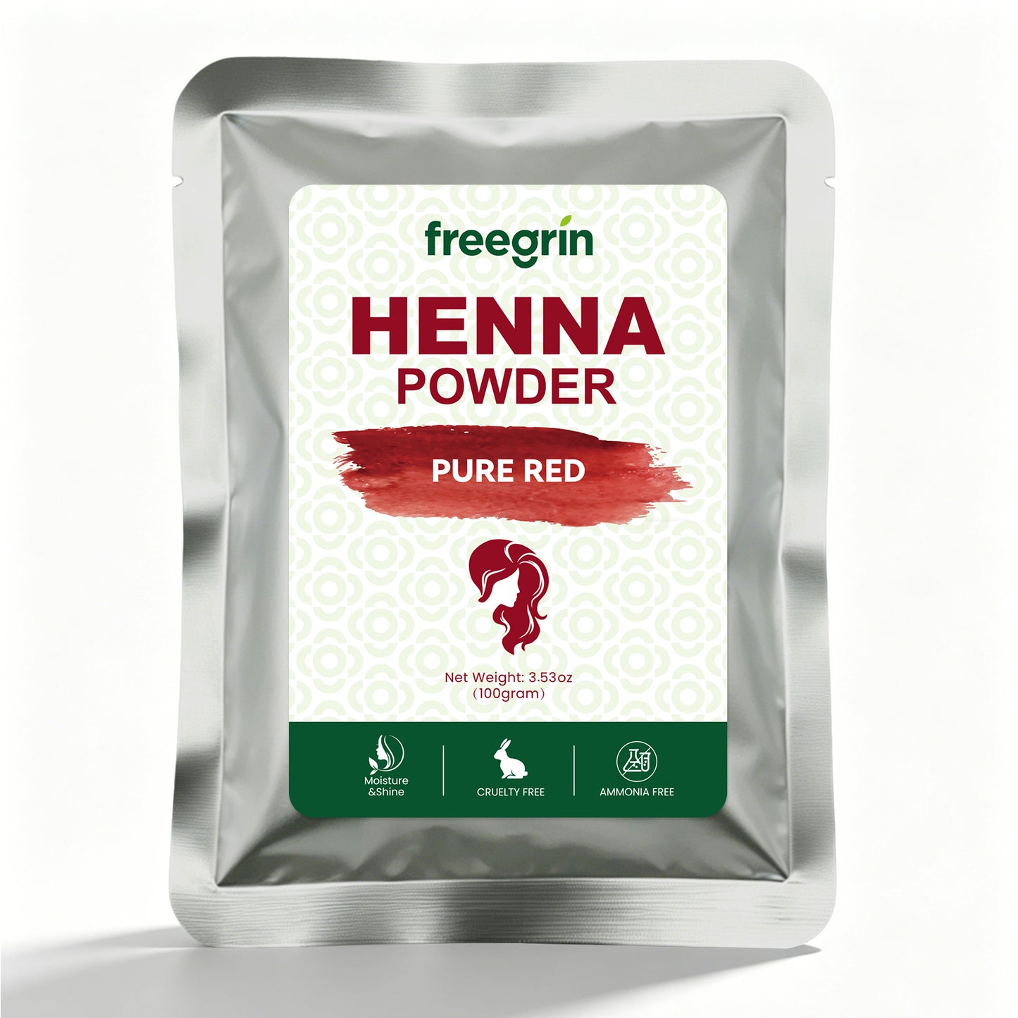 Freegrin pure red powder henna in silver resealable pouch with cruelty free and ammonia free labels