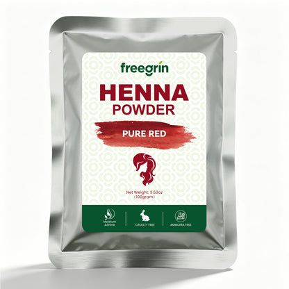Freegrin pure red powder henna in silver resealable pouch with cruelty free and ammonia free labels