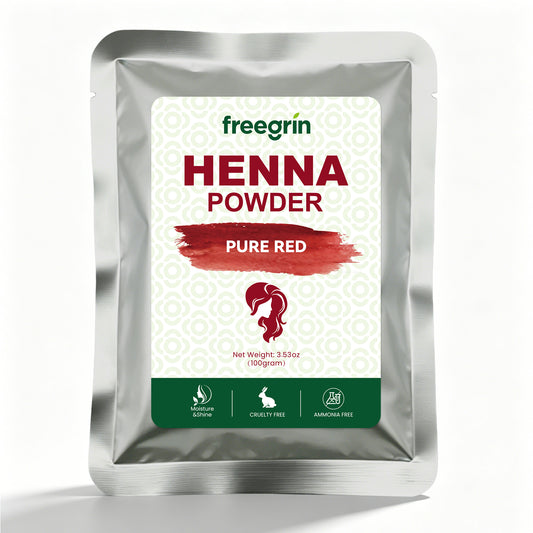 Freegrin pure red powder henna in silver resealable pouch with cruelty free and ammonia free labels